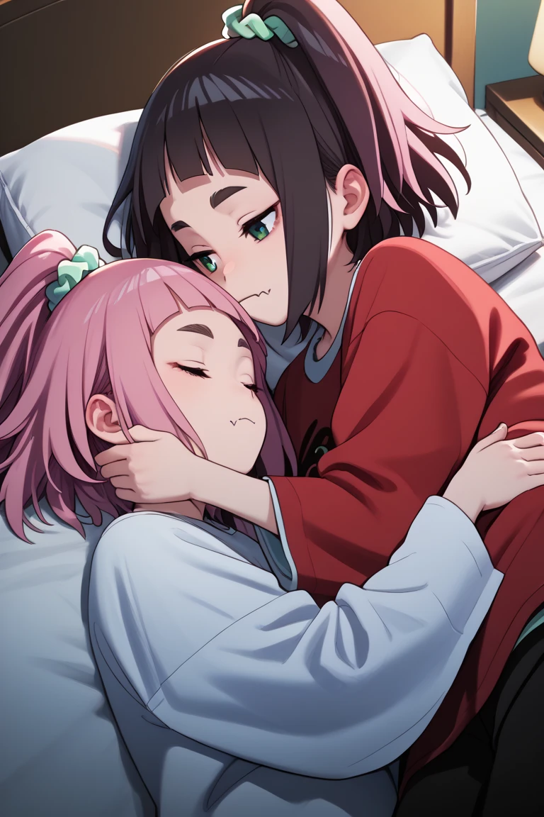  source_anime,
kiuiwatase, kiui watase, short hair, bangs, hair ornament, green eyes, pink hair, thick eyebrows, hair scrunchie, scrunchie, ponytail, blunt bangs,
skin fang, large breasts,            couple, lying together, 1girl, shorter arms,smaller, petite, holding him,1male, close to her, 1girl, 1boy, couple (relationship), sleeping together, couple, hetero male, light skinnend male black haired male, on bed, lying on bed, bedroom, cowboy shot, male with black hair, pajama