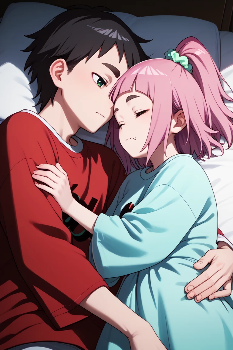  source_anime,
kiuiwatase, kiui watase, short hair, bangs, hair ornament, green eyes, pink hair, thick eyebrows, hair scrunchie, scrunchie, ponytail, blunt bangs,
skin fang, large breasts,            couple, lying together, 1girl, shorter arms,smaller, petite, holding him,1male, close to her, 1girl, 1boy, couple (relationship), sleeping together, couple, hetero male, light skinnend male black haired male, on bed, lying on bed, bedroom, cowboy shot, male with black hair, pajama