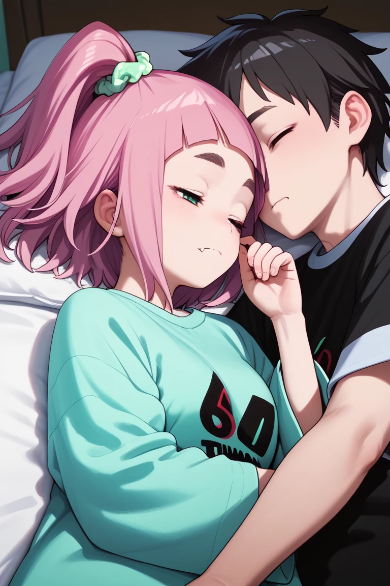  source_anime,
kiuiwatase, kiui watase, short hair, bangs, hair ornament, green eyes, pink hair, thick eyebrows, hair scrunchie, scrunchie, ponytail, blunt bangs,
skin fang, large breasts,            couple, lying together, 1girl, shorter arms,smaller, petite, holding him,1male, close to her, 1girl, 1boy, couple (relationship), sleeping together, couple, hetero male, light skinnend male black haired male, on bed, lying on bed, bedroom, cowboy shot, male with black hair, pajama