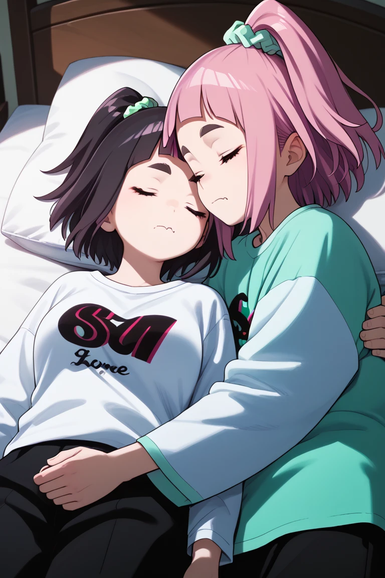  source_anime,
kiuiwatase, kiui watase, short hair, bangs, hair ornament, green eyes, pink hair, thick eyebrows, hair scrunchie, scrunchie, ponytail, blunt bangs,
skin fang, large breasts,            couple, lying together, 1girl, shorter arms,smaller, petite, holding him,1male, close to her, 1girl, 1boy, couple (relationship), sleeping together, couple, hetero male, light skinnend male black haired male, on bed, lying on bed, bedroom, cowboy shot, male with black hair, pajama