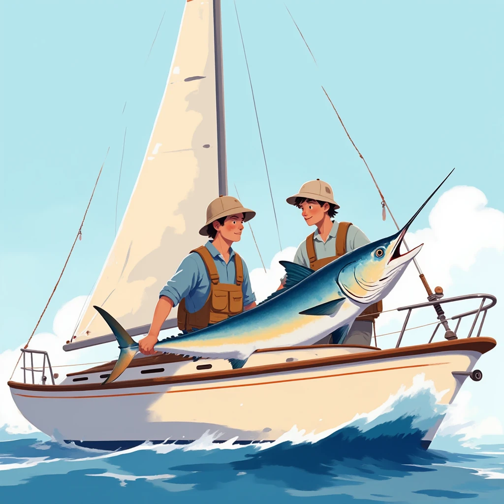 General shot of two young men holding one of a large sailfish caught,  They are on a cream-colored sailboat ,  with a red stripe on the top of the bow, Sunny day, calm sea, alta definición, s illustration  
