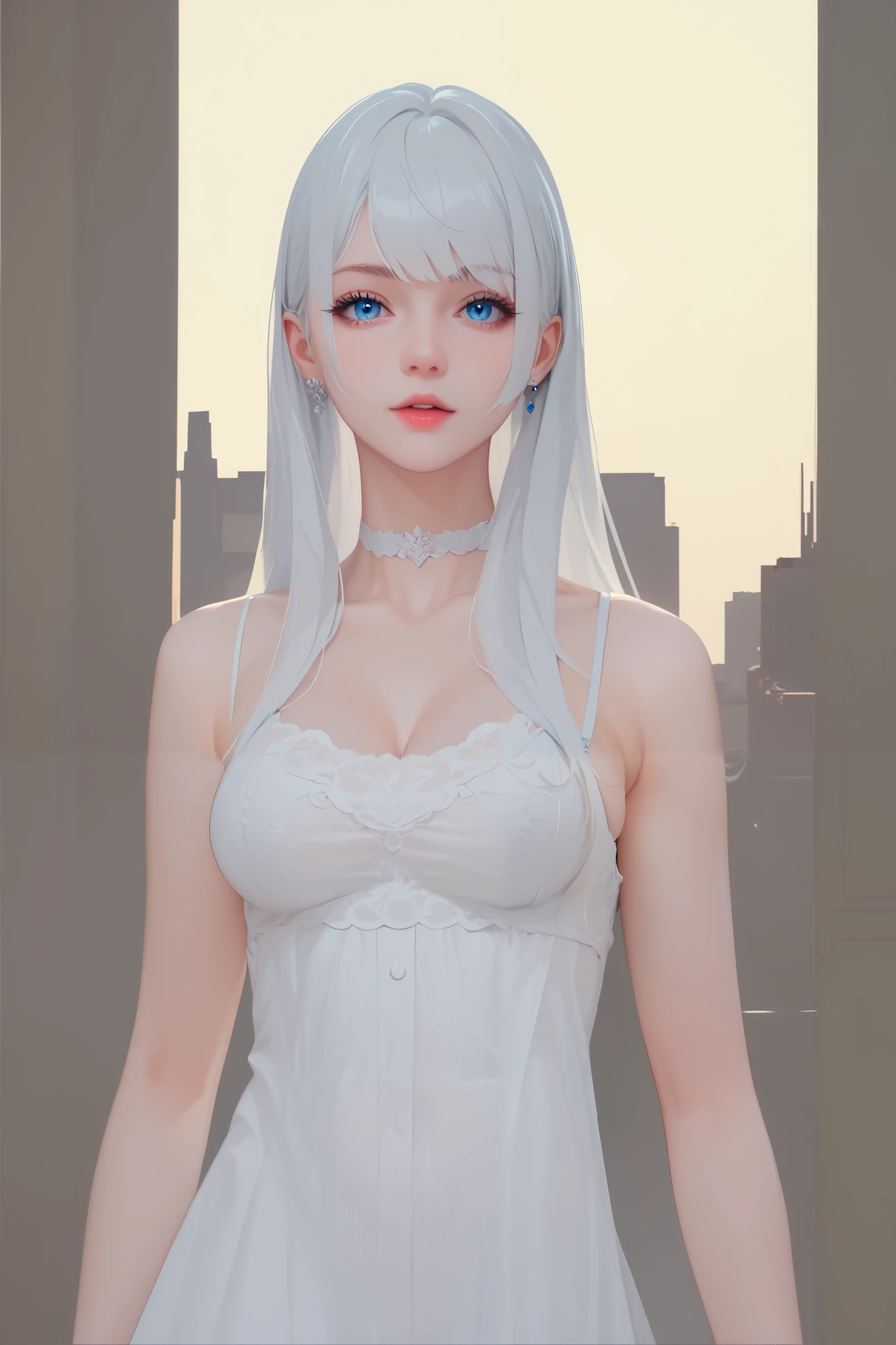 Masterpiece, Best Quality, Anatomically Correct, Accurate, High Resolution, High Details, Long Hair, White Hair, Large breasts, Blue eyes, Unreal Engine, 1girl, Solo, Hyperrealism, 