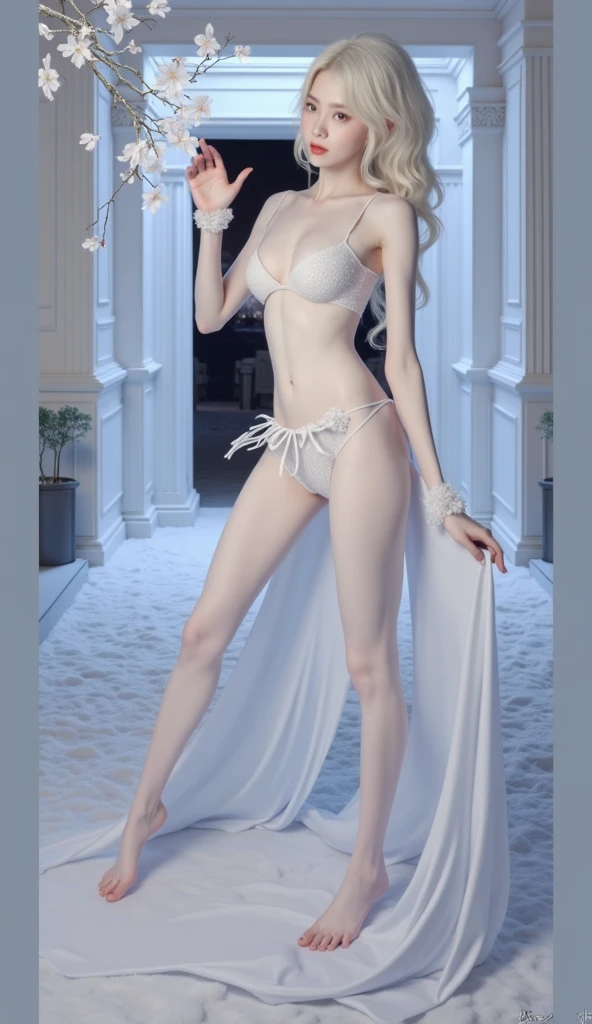 (Pieces fly),(highest quality:1.1),(Very detailed),Best illustrations,The finer details,(Portraits:1.1),(Watercolor)fluffy,1 female,alone,13 years old,Small breasts,Anorexic Thin Thighs,slim,(Very delicate and beautiful face),(Beautiful eyes in every detail),Pink thick lips,(Messy Hair),Soft and lazy,(Simple Background:1.2)Overall background color,Transparent parts,In 4K,Full Shot,Thin legs,Pink High Heels,See-through gown,Swimwear,The happi coat is open