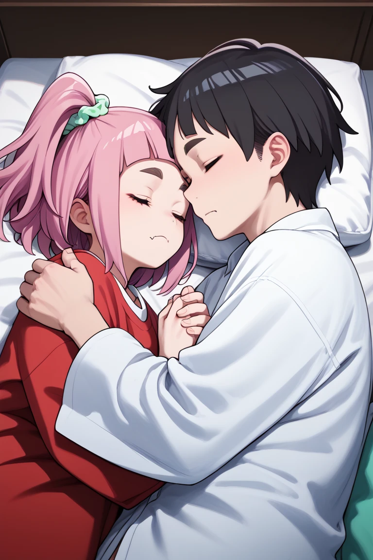  source_anime,
kiuiwatase, kiui watase, short hair, bangs, hair ornament, green eyes, pink hair, thick eyebrows, hair scrunchie, scrunchie, ponytail, blunt bangs,
skin fang, large breasts,            couple, lying together, 1girl, shorter arms,smaller, petite, holding him,1male, close to her, 1girl, 1boy, couple (relationship), sleeping together, couple, hetero male, light skinnend male black haired male, on bed, lying on bed, bedroom, cowboy shot, male with black hair, pajama, 1boy, 1girl