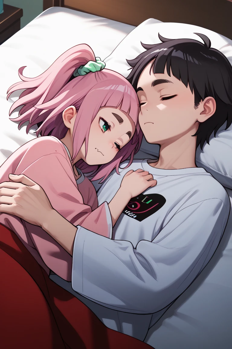  source_anime,
kiuiwatase, kiui watase, short hair, bangs, hair ornament, green eyes, pink hair, thick eyebrows, hair scrunchie, scrunchie, ponytail, blunt bangs,
skin fang, large breasts,            couple, lying together, 1girl, shorter arms,smaller, petite, holding him,1male, close to her, 1girl, 1boy, couple (relationship), sleeping together, couple, hetero male, light skinnend male black haired male, on bed, lying on bed, bedroom, cowboy shot, male with black hair, pajama, 1boy, 1girl