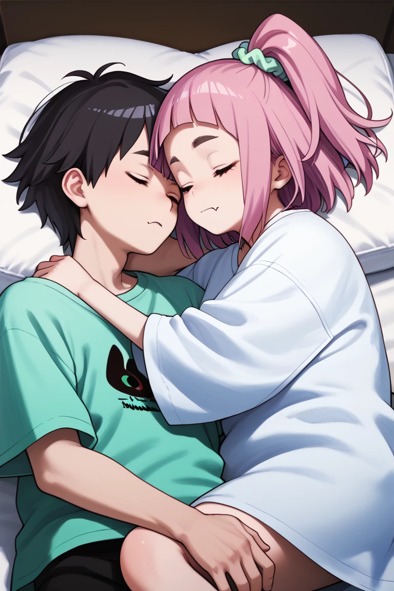  source_anime,
kiuiwatase, kiui watase, short hair, bangs, hair ornament, green eyes, pink hair, thick eyebrows, hair scrunchie, scrunchie, ponytail, blunt bangs,
skin fang, large breasts,            couple, lying together, 1girl, shorter arms,smaller, petite, holding him,1male, close to her, 1girl, 1boy, couple (relationship), sleeping together, couple, hetero male, light skinnend male black haired male, on bed, lying on bed, bedroom, cowboy shot, male with black hair, pajama, 1boy, 1girl