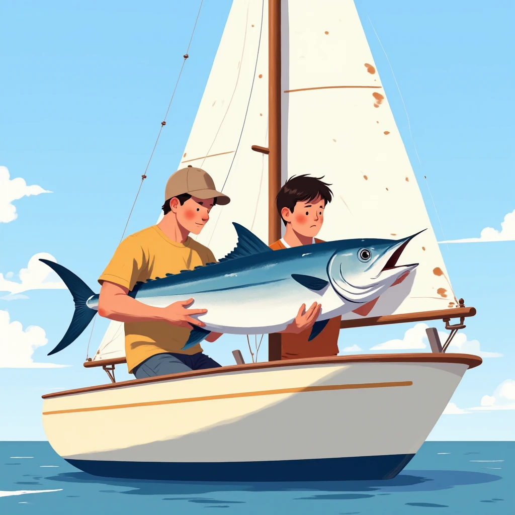 General shot of two young men holding one of a large sailfish caught,  They are on a cream-colored sailboat ,  with a red stripe on the top of the bow, Sunny day, calm sea, alta definición, s illustration  
