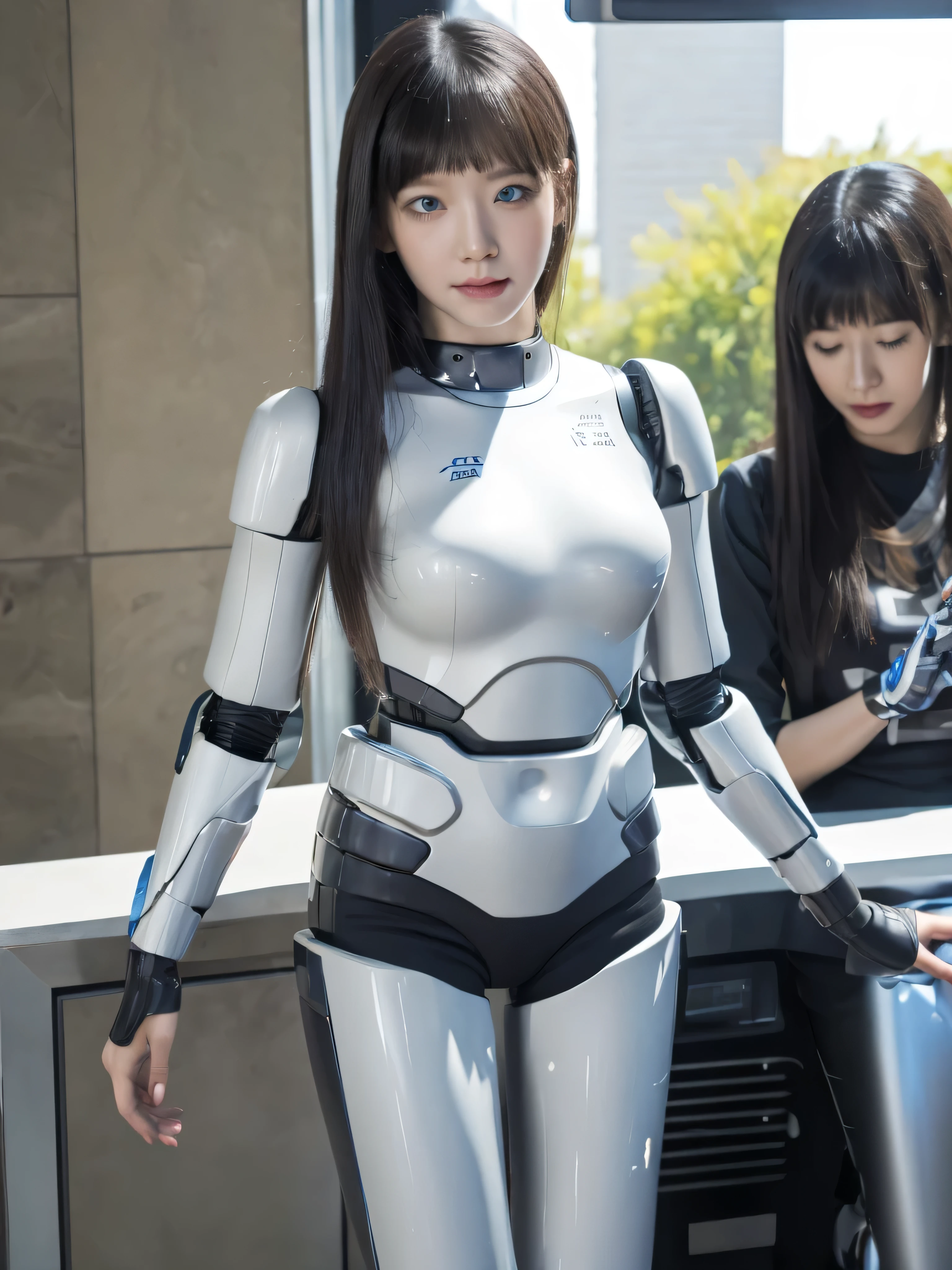 masterpiece, best quality, extremely detailed, (8K, 4K, Best Quality, hight resolution, 超A high resolution:1.1), 8K portrait,1girl in, Japaese android girl,android teacher,Plump , control panels,android,Droid,Mechanical Hand, ,Robot arms and legs, Black hair,Mechanical body,Blunt bangs,White Robotics Parts,perfect robot woman,Charging spot,Long Tube,A thick cable was connected to her neck,ceramic body ,android,robot humanoid,a bit chubby,panty,full eyes,perfect mechanical body,white robotics body,future assembly plant,white body,She has repaired,black sponge joints,android assembly plant,android,laboratory,perfect machine body,white robot body, body by hrp-4c, face by aespa karina, blue eyes, sharp face shape