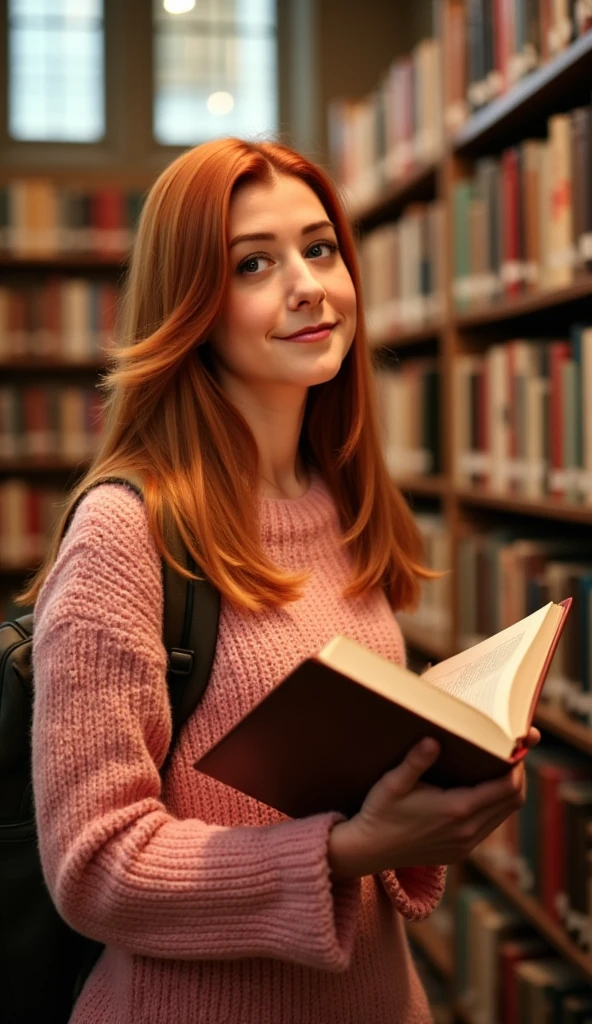 this is an image of a young women with long straight red hair, wearing a pink knitted sweater, backpack, in a library, holding a book. smiling