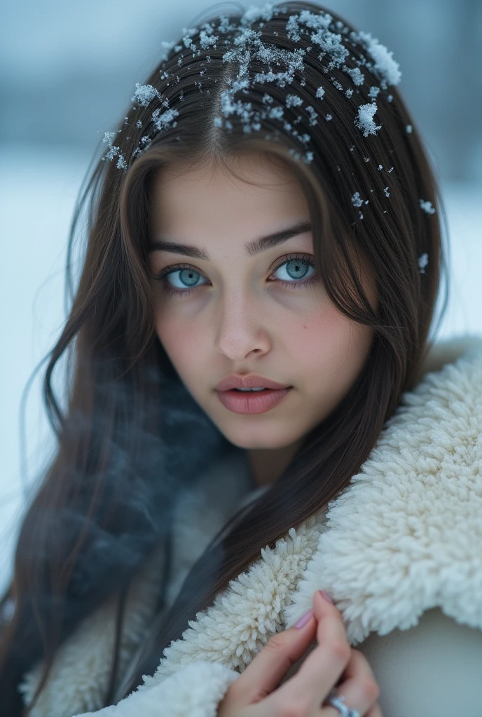 "1Ashgirl",  A hyper-realistic portrait of a very young women with dark brown hair, in mountains in Russia,  ,intimate moment ,love , romance , passion , snow fall, steam coming out of the body, steam visible on the waters and surroundings , real phot , highly detailed , wide angle , long shot ,