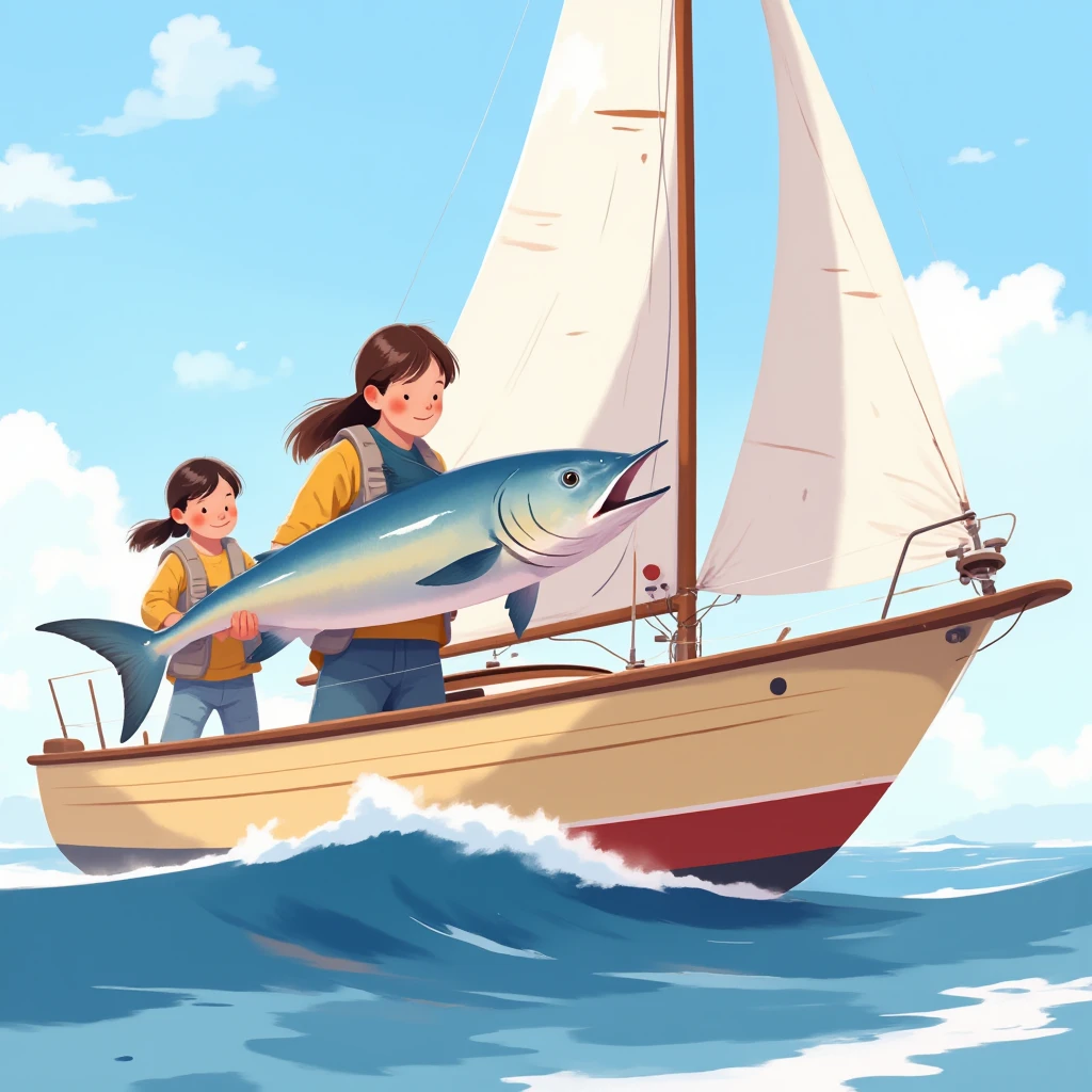 General shot of two young people holding one of a caught sailfish,  They are on a cream-colored sailboat ,  with a red stripe on the top of the bow, Sunny day, calm sea, alta definición, s illustration  
