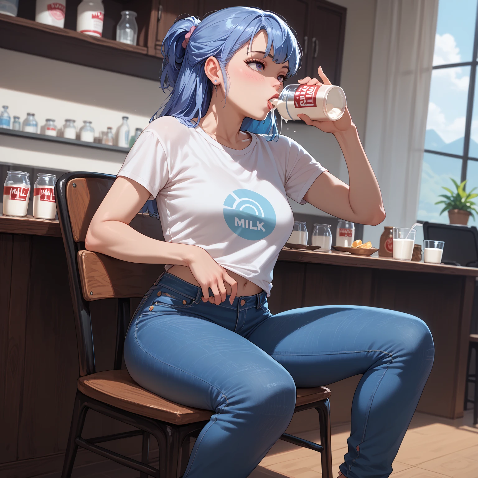  Girl , sitting on a chair , blue dawn,  jeans , drinking milk 