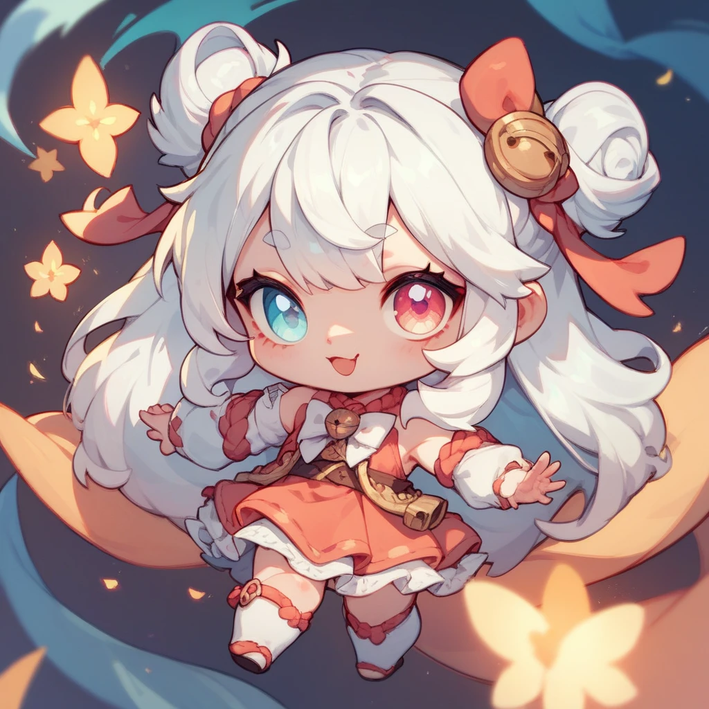1girl furry,fox, white hair, red hair dye tips in hair, long hair, skirt,cute clothes, blue and red,one blue eye, one orange eye, wearing a crown, purple essence