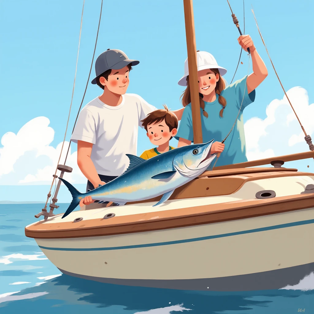 General shot of two 25-year-old , Man and woman, And a boy holding one of a captured sailfish,  They are on a cream-colored sailboat ,  with a red stripe on the top of the bow, Sunny day, calm sea, alta definición, s illustration  
