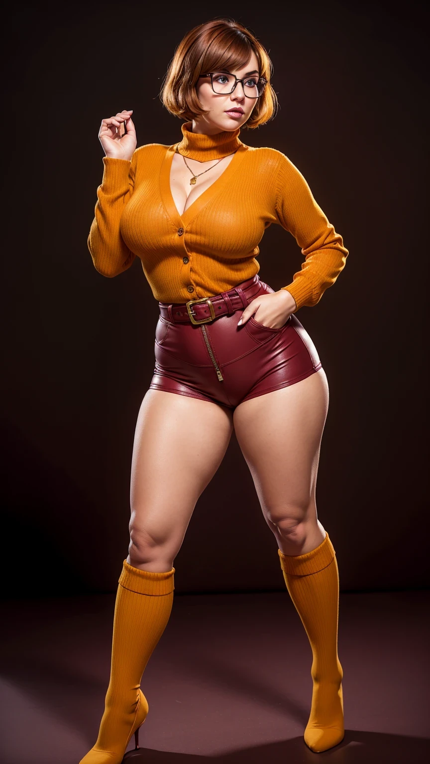((masterpiece, best quality, ultra-detailed, ultra-HD, photorealistic, cinematic)), (wide camera shot, full body view:1.5), (sensual pose, standing), (alluring and voluptuous female as Velma Dinkley:1.2), tight and thin yellow pants, perfect anatomy, perfect face, proportioned hands, (deep shade of auburn with a slight natural wave hair color, chin-length bob with blunt bangs hairstyle:1.3), (retro-chic style outfit, knee-length and maroon turtleneck dress:1.2), (a matching maroon belt that cinches at her waist:1.2), (thick-framed black square glasses), (wears knee-high, mustard-yellow socks that peek out just above her brown, sensible lace-up shoes), (sports a delicate, gold pendant necklace), (vibrant orange cardigan slung over her shoulders), ((dynamic background)), leather tight shorts, camel toe