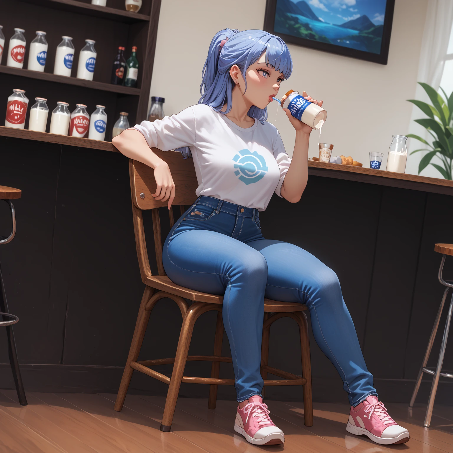  Girl , sitting on a chair , blue dawn,  jeans , drinking milk, груди збільшились, груди розширюються