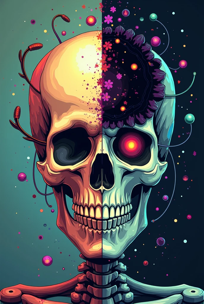 (double exposure:1.3) effect of mushroom skull and strawberry bushes, superimposed on the starry sky landscape, ultra detailed