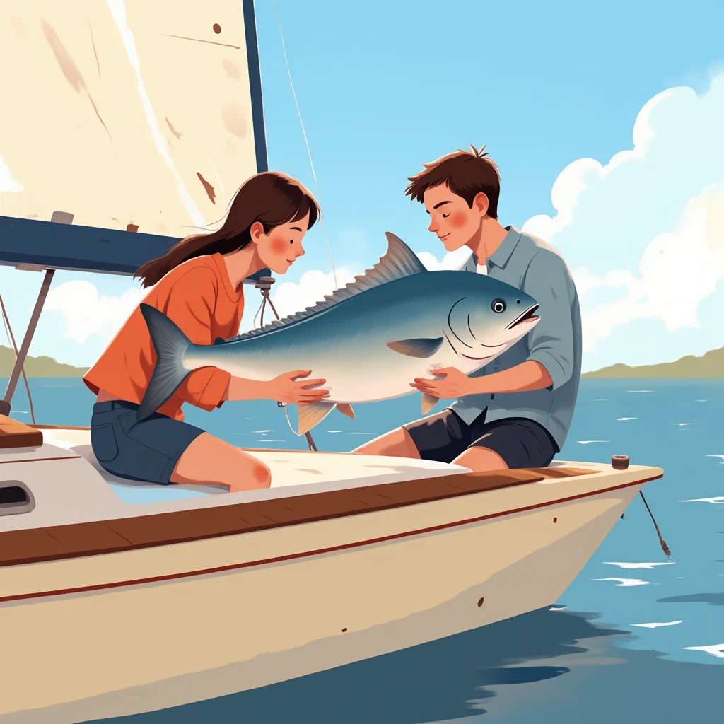 General shot of two 25-year-old , Man and woman,  Holding one of a sawfish,  They are on a cream-colored sailboat ,  with a red stripe on the top of the bow, Sunny day, calm sea, alta definición, s illustration  
