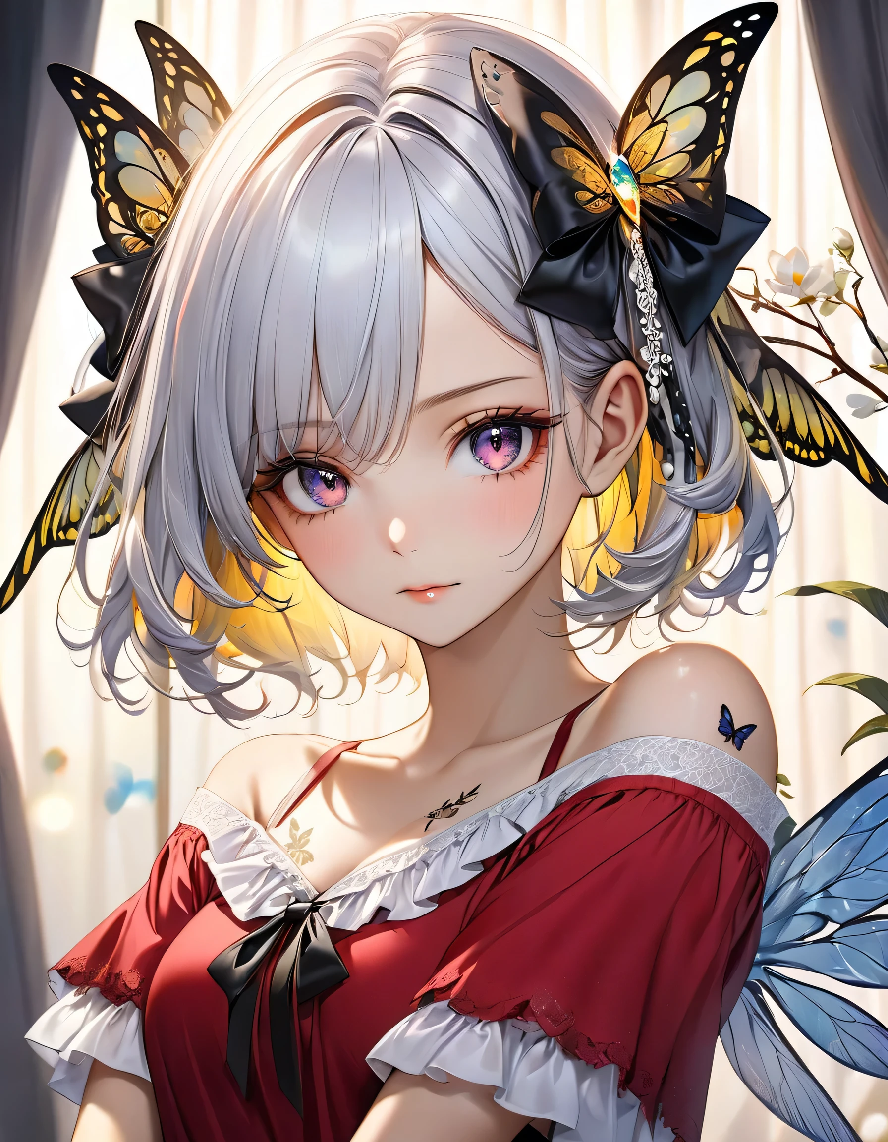 super sexy sensual meiga atraente A close-up realistic and artistic portrait painting of a fairy she has a long vibrant sky arco íris wavy hair styled in loose curls with bangs framing her forehead, sexy rasgada roupas decote sensual adorned with a black floral bow, serene and contemplative expression, next to her right eye there is a small detailed butterfly wing tattoo, featuring intricate yellow and gold patterns with sparkling accents and fine lines resembling veins, The tattoo, consists of delicate black lines forming the wings, with small black dots representing scales. Small white decorative elements resembling flowers, arrows, or tiny branches extend from the wings, creating a sense of depth, wearing a diamond dress with off-the-shoulder sleeves featuring white lace trim and ruffles with intricate designs, A ribbon is tied into a bow at the center front of the dress, which has a deep V-neckline., Her expression is calm and gentle The scene is set in an elegant room with walls and a matching curtain featuring subtle butterfly design, The lighting is soft and even, highlighting the subject's facial ,The overall composition is centered and balanced, creating a whimsical, enchanting, and inviting mood, 8k, photorealistic, trending on ArtStation .by Galr Dfh