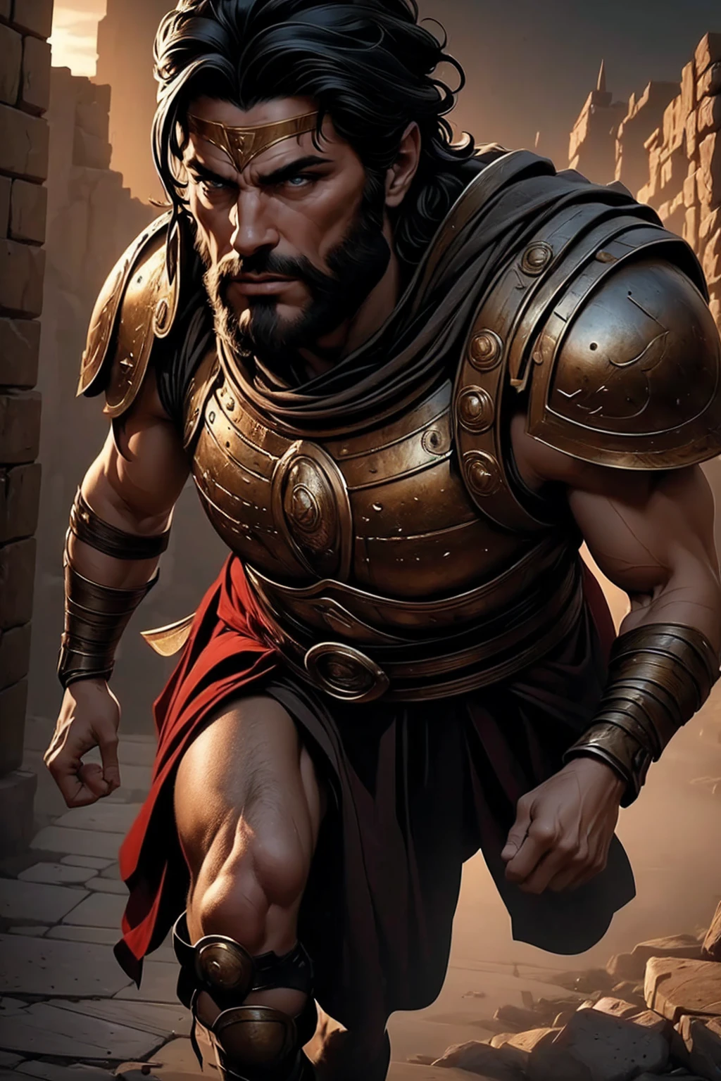 a 45 year old man, black hair, helmet ,prince of troy ,hector of troy, (best quality,4k,8k,highres,masterpiece:1.2),ultra-detailed,(realistic,photorealistic,photo-realistic:1.37),hyperrealistic,cinematic lighting,extremely detailed face and body,dramatic pose,epic scale,dramatic lighting,dark moody colors,chiaroscuro lighting,dramatic shadows, on the war, whole body, comic style, walking, in combat, show the feets