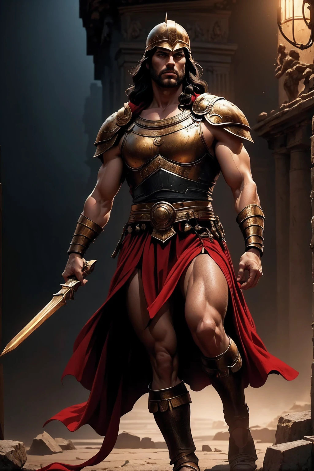 a 45 year old man, black hair, helmet ,prince of troy ,hector of troy, (best quality,4k,8k,highres,masterpiece:1.2),ultra-detailed,(realistic,photorealistic,photo-realistic:1.37),hyperrealistic,cinematic lighting,extremely detailed face and body,dramatic pose,epic scale,dramatic lighting,dark moody colors,chiaroscuro lighting,dramatic shadows, on the war, whole body, comic style, walking, in combat, show the feets