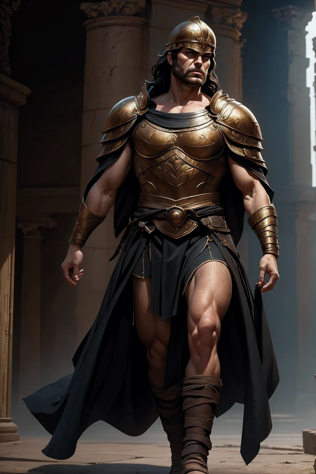 a 45 year old man, black hair, helmet ,prince of troy ,hector of troy, (best quality,4k,8k,highres,masterpiece:1.2),ultra-detailed,(realistic,photorealistic,photo-realistic:1.37),hyperrealistic,cinematic lighting,extremely detailed face and body,dramatic pose,epic scale,dramatic lighting,dark moody colors,chiaroscuro lighting,dramatic shadows, on the war, whole body, comic style, walking, in combat, show the feets