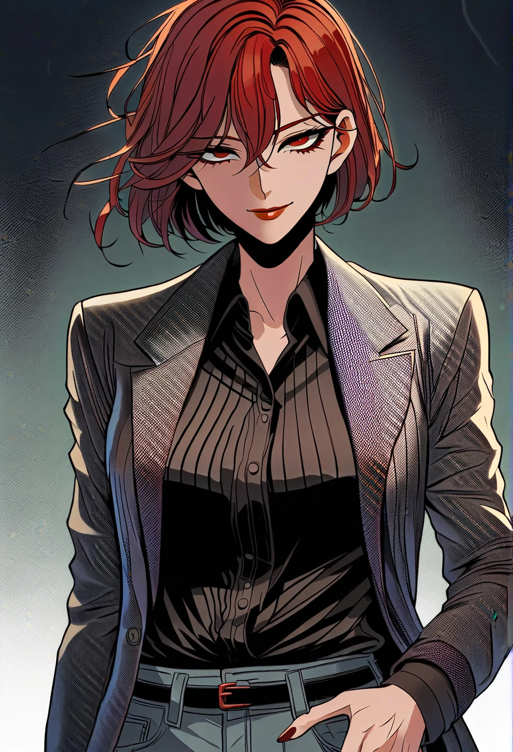 manhwa, milf, mature woman, yandere, red hair, red eyes, casual outfit, 