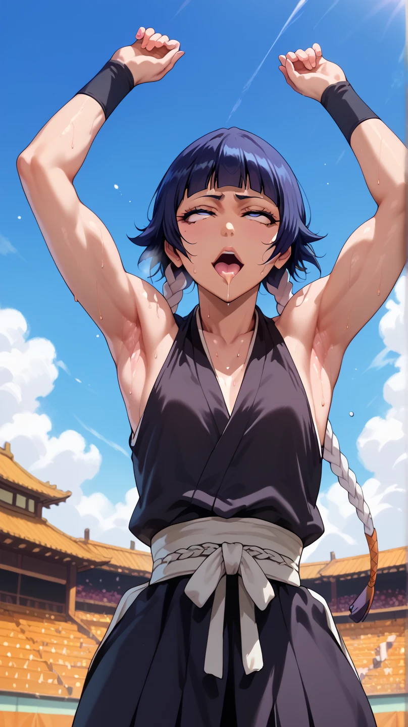 a picture, inspired by Kentaro Miura, trending on pixiv, soifon from bleach, black uniform, favorite scene, fine details, skins, sweating, small breasts, both hands raised, armpits, armpits visible, dripping with sweat, more more sweat, ((Japanese clothes)),open mouth,rolling eyes,muscle,kneel down,open legs,For the audience, (muscle:1.2),Looking at the audience, tired, (small breasts),sexy body,perfect body,(drooling).