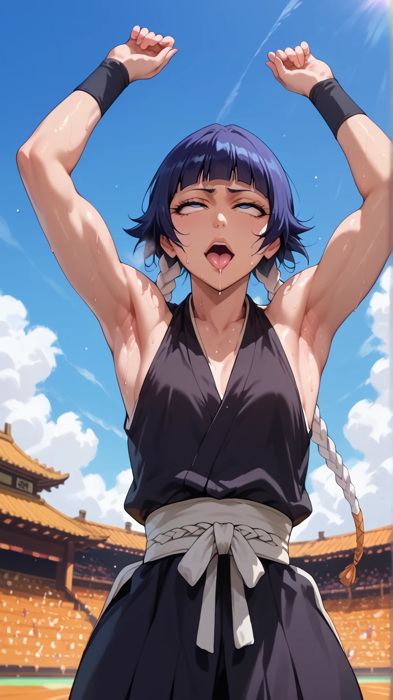 a picture, inspired by Kentaro Miura, trending on pixiv, soifon from bleach, black uniform, favorite scene, fine details, skins, sweating, small breasts, both hands raised, armpits, armpits visible, dripping with sweat, more more sweat, ((Japanese clothes)),open mouth,rolling eyes,muscle,kneel down,open legs,For the audience, (muscle:1.2),Looking at the audience, tired, (small breasts),sexy body,perfect body,(drooling).