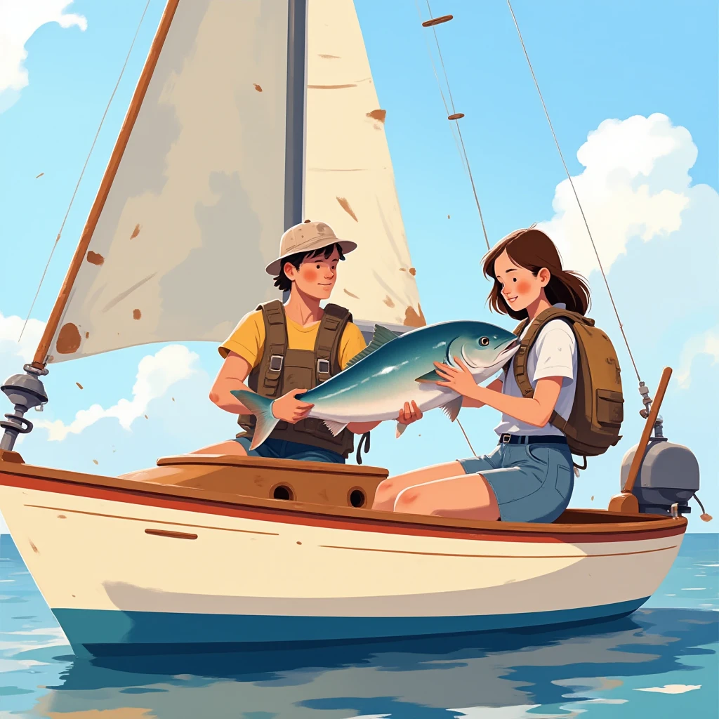 General shot of two 25-year-old , Man and woman,  Holding one of a sawfish,  They are on a cream-colored sailboat ,  with a red stripe on the top of the bow, Sunny day, calm sea, alta definición, s illustration  
