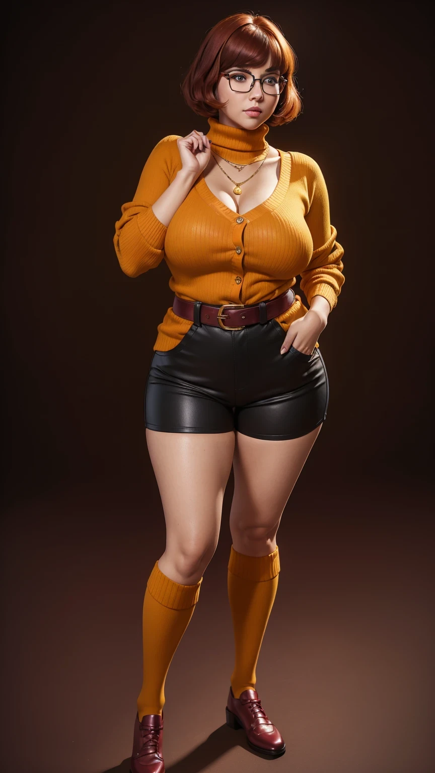 ((masterpiece, best quality, ultra-detailed, ultra-HD, photorealistic, cinematic)), (wide camera shot, full body view:1.5), (sensual pose, standing), (alluring and voluptuous female as Velma Dinkley:1.2), tight and thin yellow pants, perfect anatomy, perfect face, proportioned hands, (deep shade of auburn with a slight natural wave hair color, chin-length bob with blunt bangs hairstyle:1.3), (retro-chic style outfit, knee-length and maroon turtleneck dress:1.2), (a matching maroon belt that cinches at her waist:1.2), (thick-framed black square glasses), (wears knee-high, mustard-yellow socks that peek out just above her brown, sensible lace-up shoes), (sports a delicate, gold pendant necklace), (vibrant orange cardigan slung over her shoulders), ((dynamic background)), leather tight shorts, camel toe