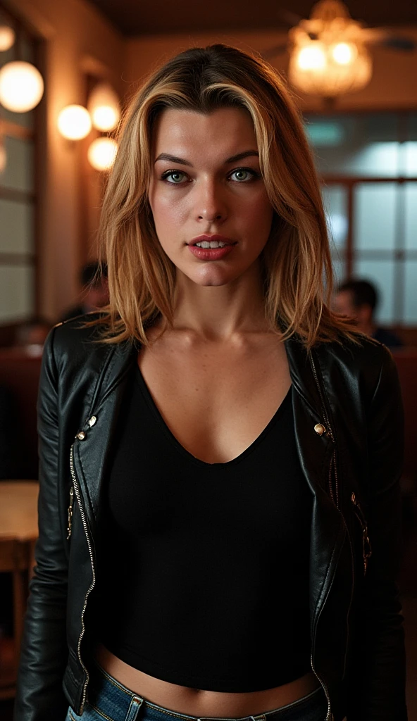 this image is of a women with straight blonde hair that cascades over her shoulders, standing in a cafe wearing a leather jacket, black  tshirt and jeans, looking at the viewer, devilish smirk