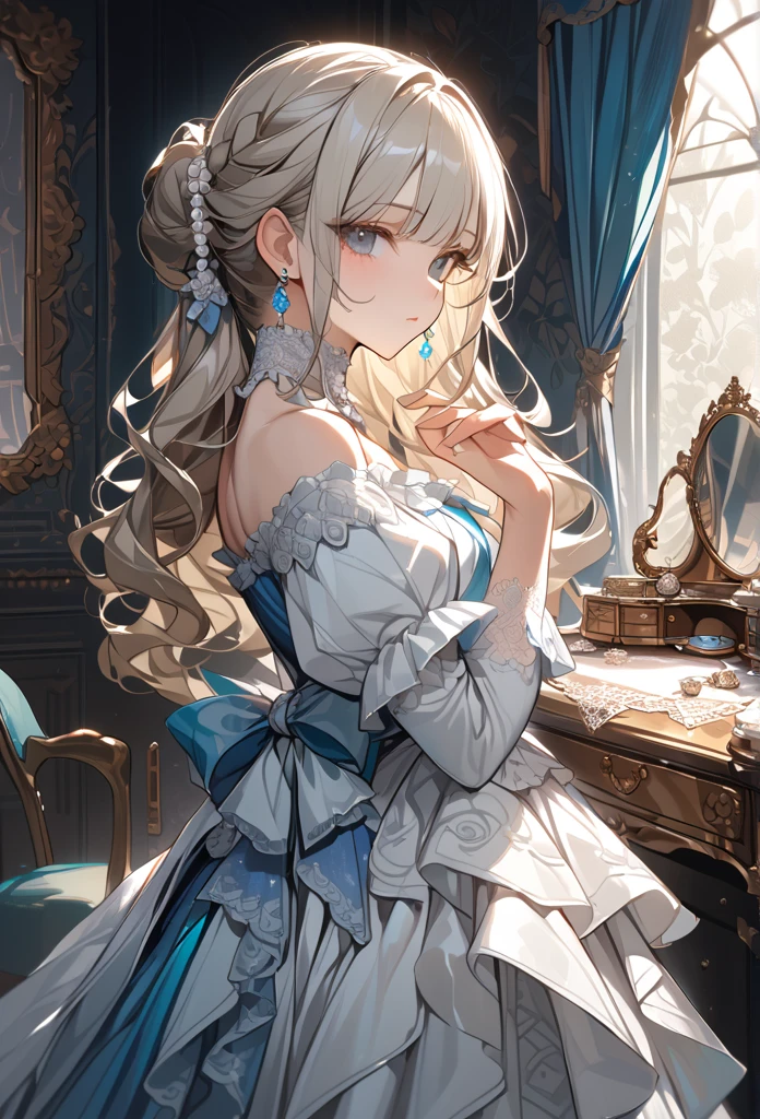 "Masterpiece, best quality, ultra-detailed, high resolution, sharp focus, intricate details, vivid colors, clean outlines, refined rendering.

1girl, silver-blonde hair, blunt bangs, long wavy hair, soft gray eyes, Victorian-style gown, pastel blue and ivory color scheme, layered dress, intricate lace details, delicate frills, off-shoulder design, puffed sleeves, satin bow on the waist, pearl embellishments, shimmering fabric, polka dot patterns, ruffled edges, floor-length dress,  elegant hairstyle, braided updo, pearl hair accessories, side profile, delicate earrings, natural makeup,  antique room, floral wallpaper, soft natural light, vintage vanity table, lace curtains, ornate furniture, elegant pose, holding a lace fan, feminine and graceful. looking at viewer, calm and composed expression, poised posture.