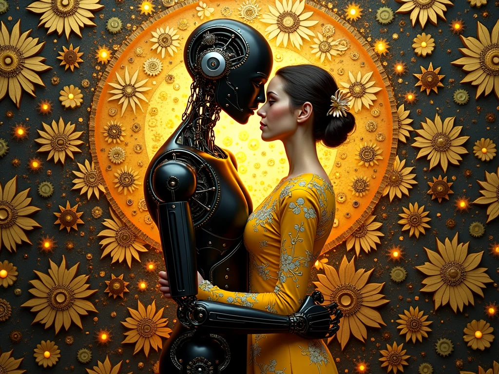 A robot with a sexy girl in the shape of a colorful butterfly, the background is a field of flowers.