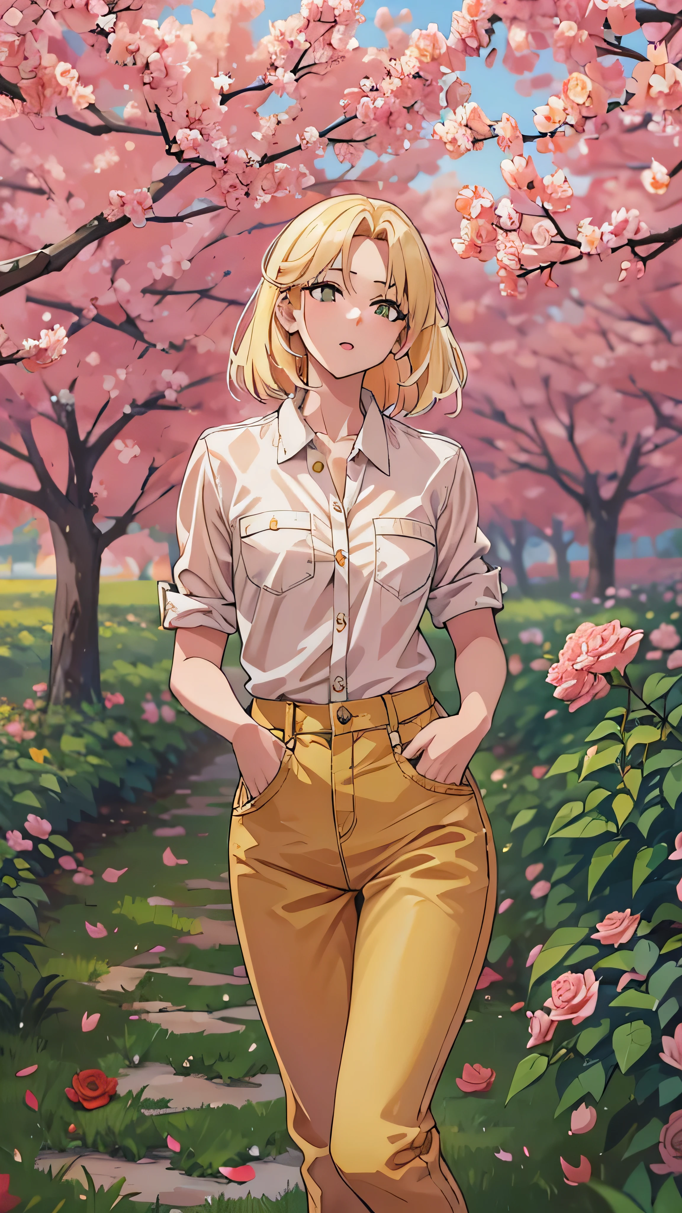  full body high definition image ， Blonde Hair,  face details, full body high quality image 、 Embarrassment、 yellow shirt and denim pants style。Peach blossoms and red roses 、field