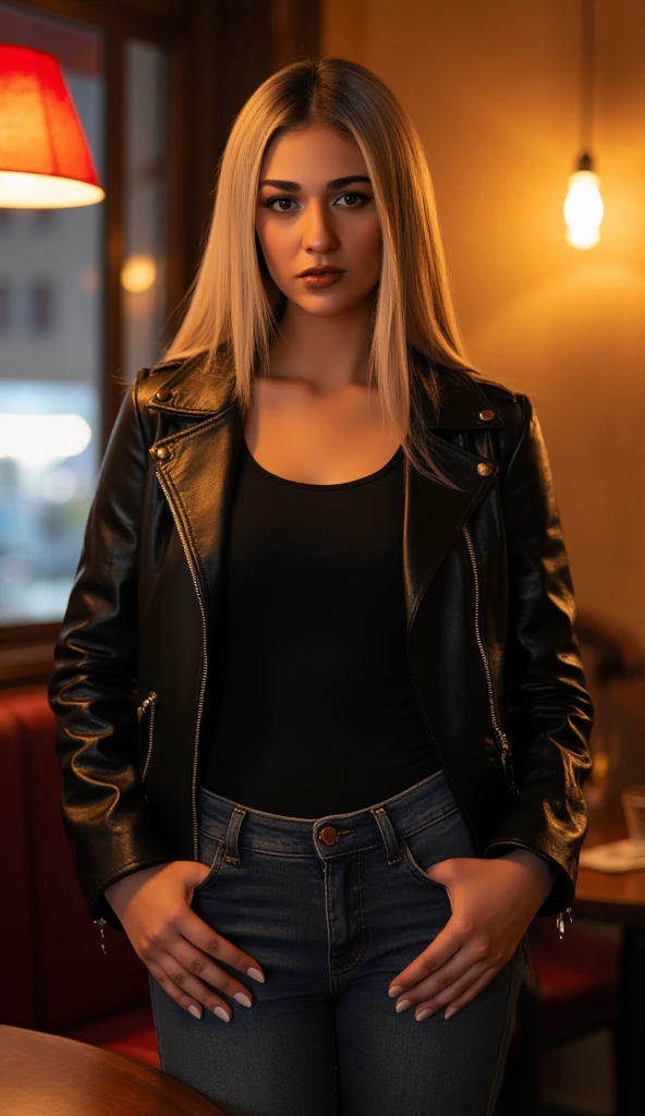 this image is of a women with straight blonde hair that cascades over her shoulders, standing in a cafe wearing a leather jacket, black  tshirt and jeans, looking at the viewer, devilish smirk