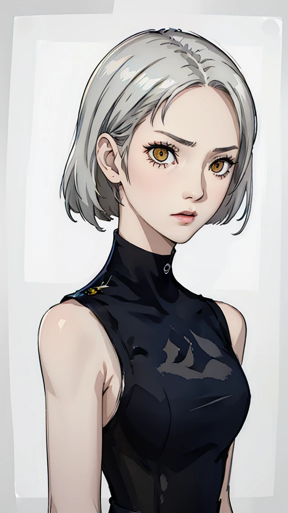 character design sheet, young woman in ninja outfit, black costume, woman with short white hair, ((top quality picture)), detailed character, old parchment, Gray Eye, sleeve-style