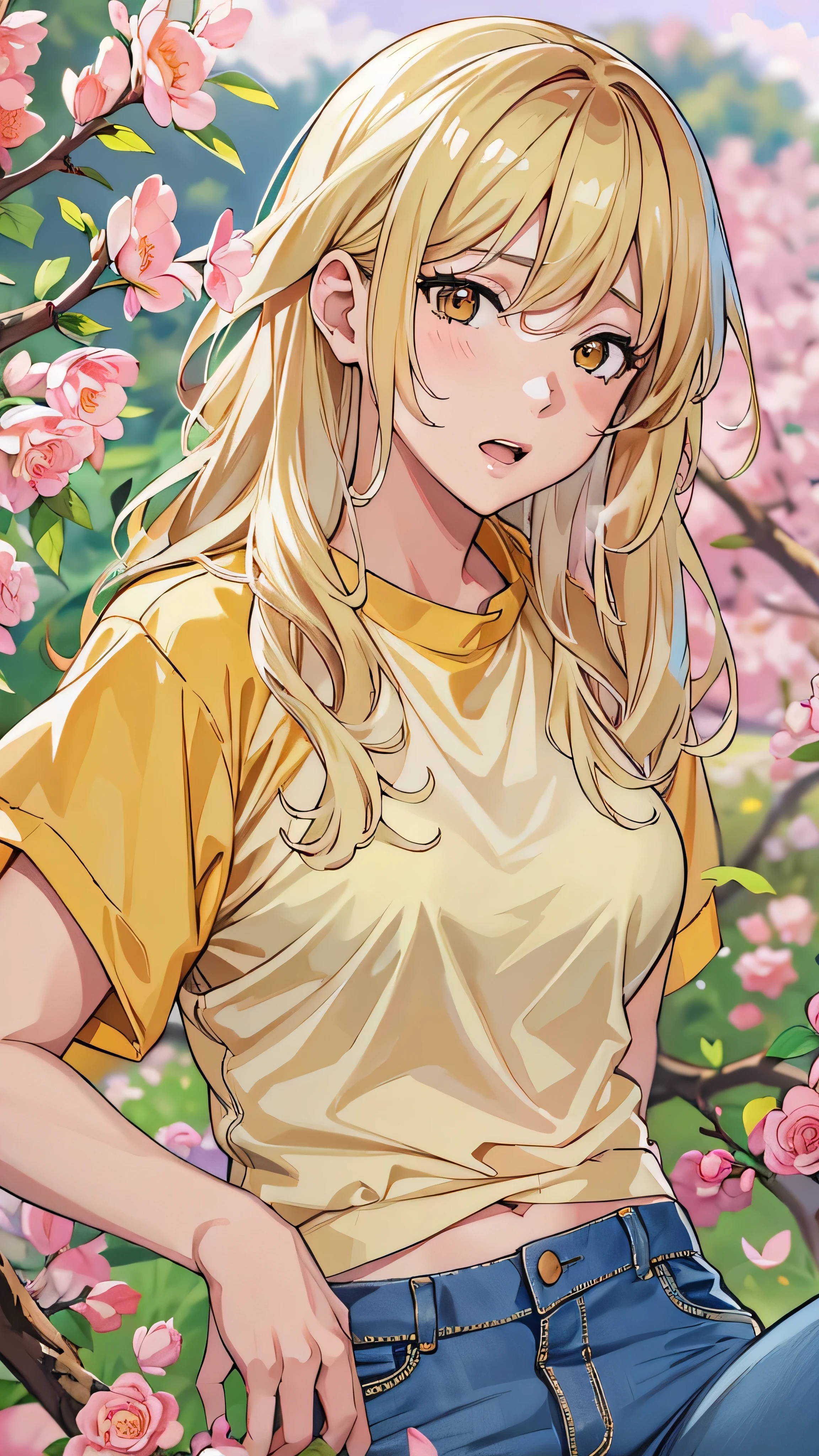  full body high definition image ， Blonde Hair,  face details, full body high quality image 、 Embarrassment、 yellow shirt and denim pants style。Peach blossoms and red roses 、field