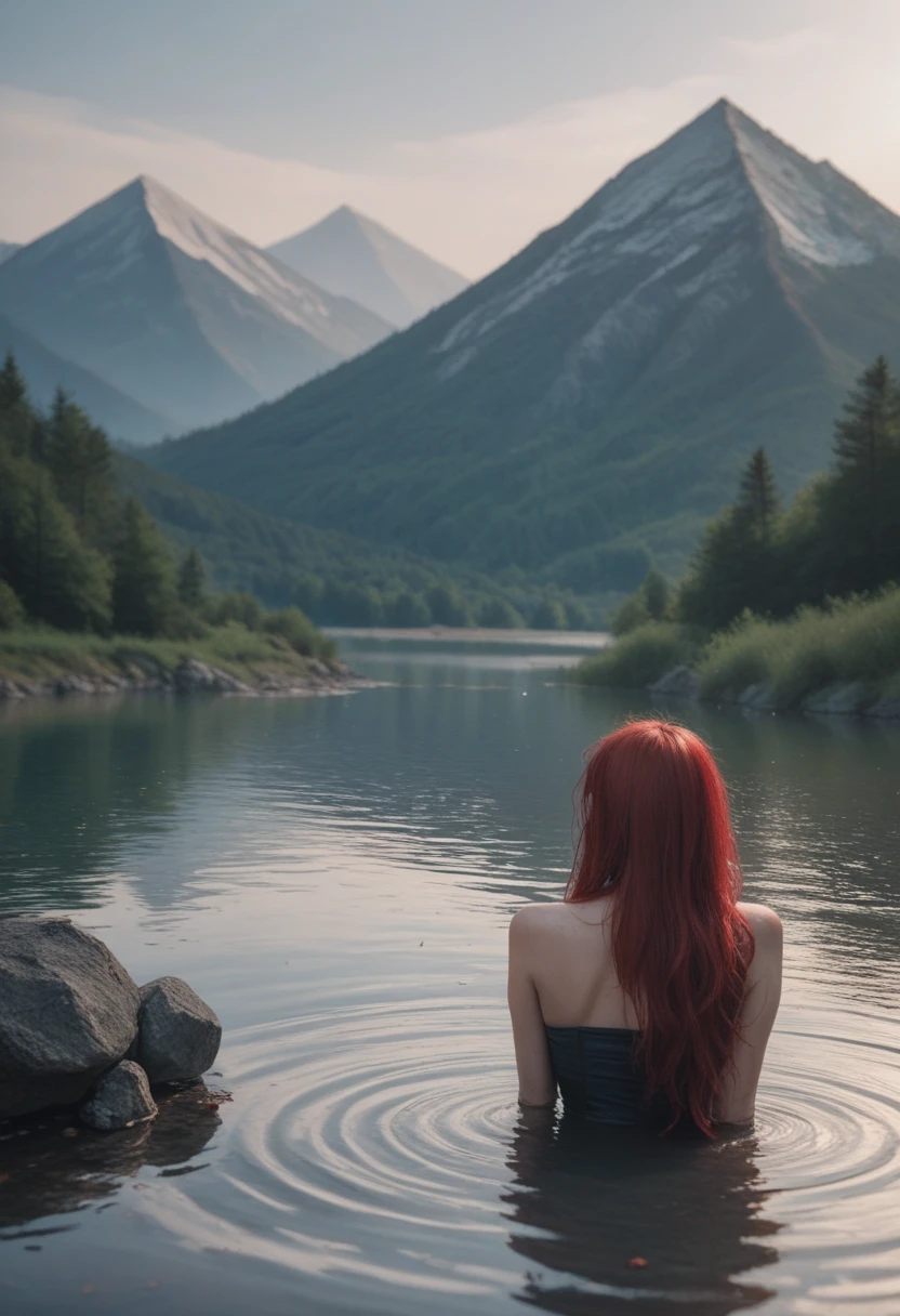 portrait of a 26-year-old redhead, slim figure, kneeling above the water of a lake, (string string), back view, hands in hair, seduction, sunset, cinematic rendering, 32K, RAW