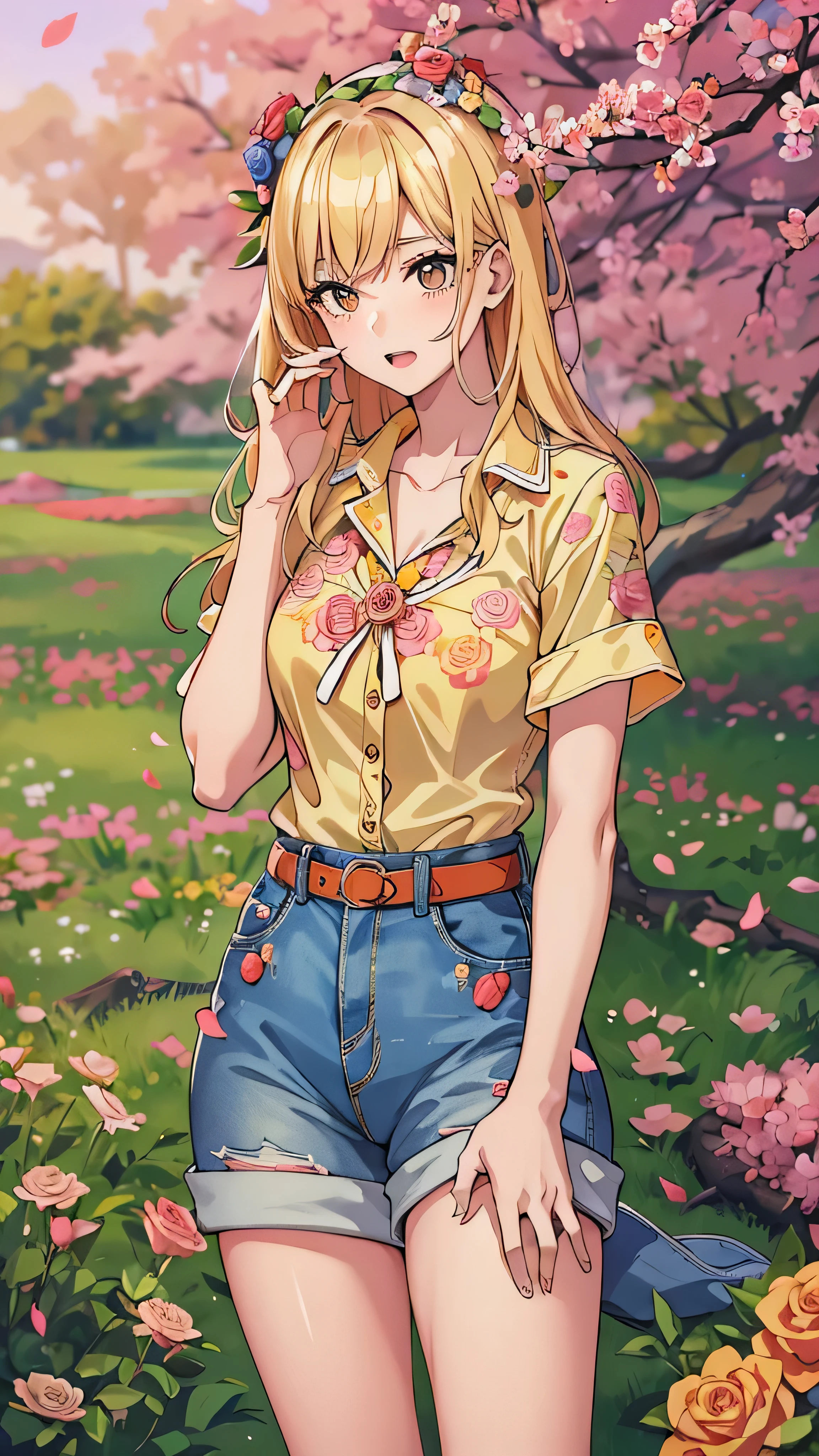  full body high definition image ， Blonde Hair,  face details, full body high quality image 、 Embarrassment、 yellow shirt and denim pants style。Peach blossoms and red roses 、field