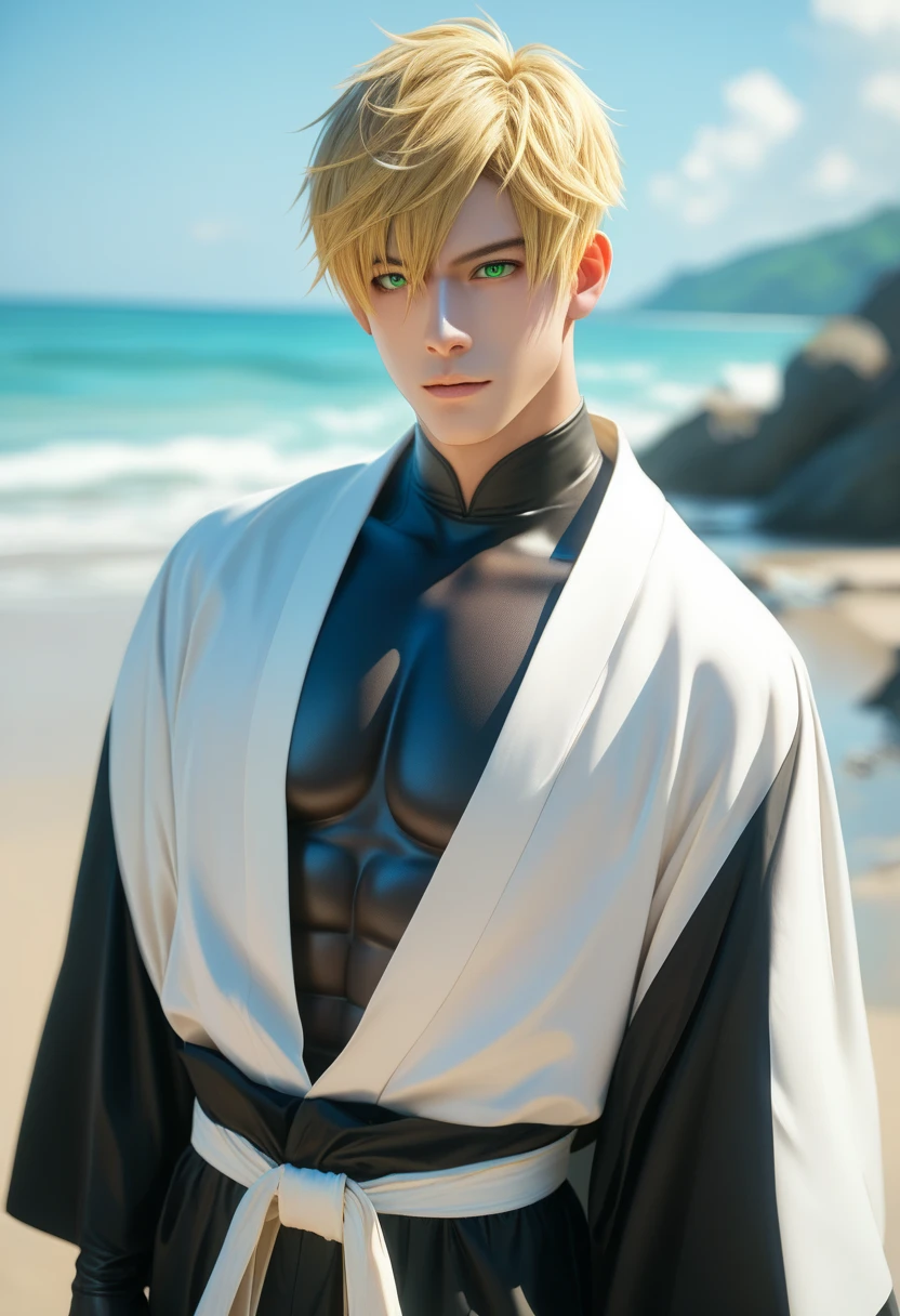 Young man, with skin as white as snow, with orange hair, red and gold and deep yellow eyes, posing fror a picture.