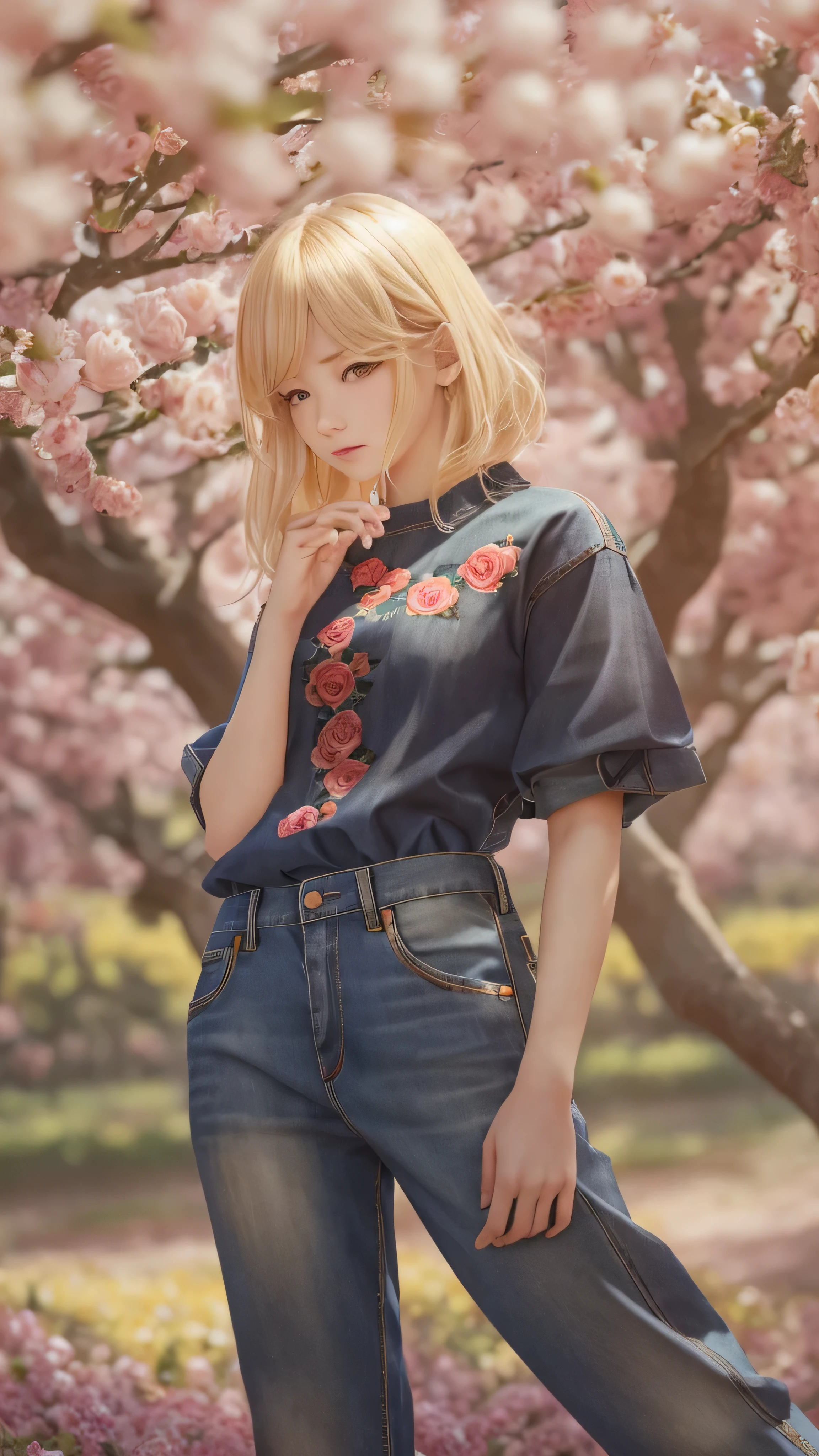  full body high definition image ， Blonde Hair,  face details, full body high quality image 、 Embarrassment、 yellow shirt and denim pants style。Peach blossoms and red roses 、field