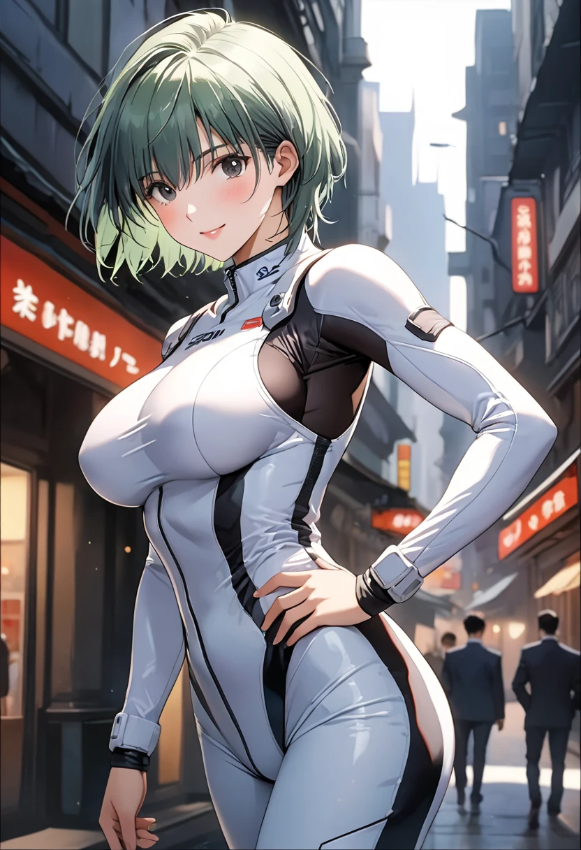 masterpiece, BestQuality, High resolution,16k,official art,super detailed skin,detailed,animated painting,(aina sahalin1.3),1990s \(style\),(F-cup beautiful breasts:1.3), (tall:1.2),(height: 170cm,Fashion model body type:1.2),pointed eyes,black eyes,green hair,short cut hair,(athletic Muscular:1.2)、pilot suit,1girl,solo,nsfw,sexy,cool face,light smile,shy,blush,Anime-style painting style,Close up on full body,Cinematic lighting,Superfine,in the city