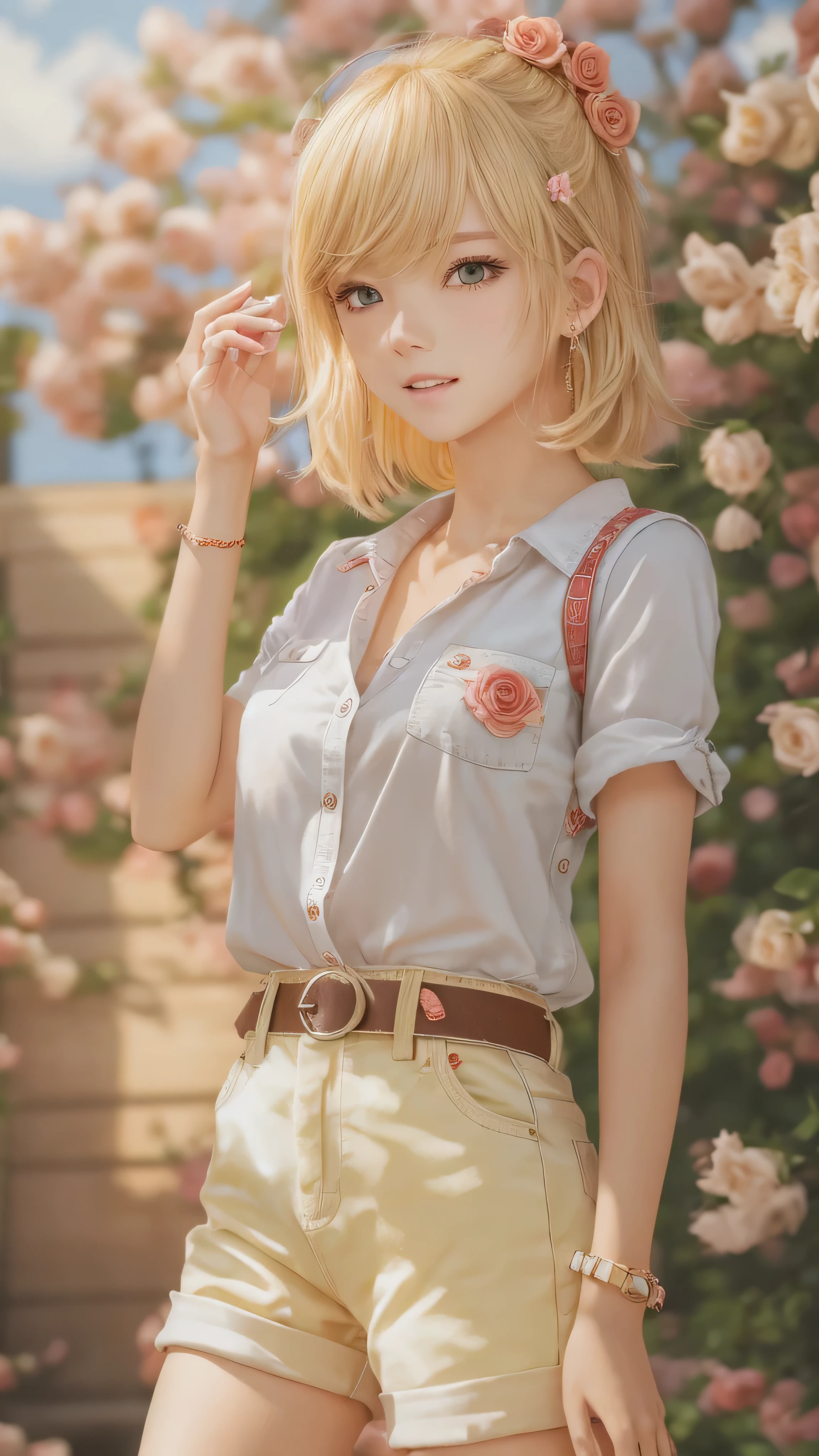  full body high definition image ， Blonde Hair,  face details, full body high quality image 、 Embarrassment、 yellow shirt and denim pants style。Peach blossoms and red roses 、field