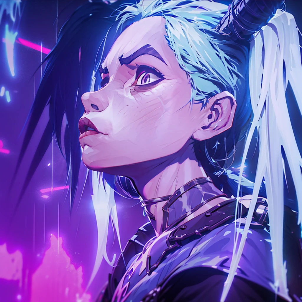 A close-up anime-style portrait of a girl with long, flowing light blue hair tied into twin ponytails, drenched in rain. Her head is tilted upward, gazing at the sky with a calm and thoughtful expression. She has striking, glowing yellow eyes with a sharp, angular design, contrasted by vivid magenta eye makeup. Her face is marked with futuristic, cyberpunk-style tattoos or facial lines, adding a high-tech aesthetic. Her clothing is dark with neon accents, illuminated faintly by reflections of city lights. The background features a blurred, rainy, neon-lit cityscape, with purples and blues dominating the color scheme. Raindrops streak her face and hair, with the lighting enhancing the glistening water. The atmosphere feels melancholic yet futuristic, evoking a cyberpunk vibe with soft, moody lighting