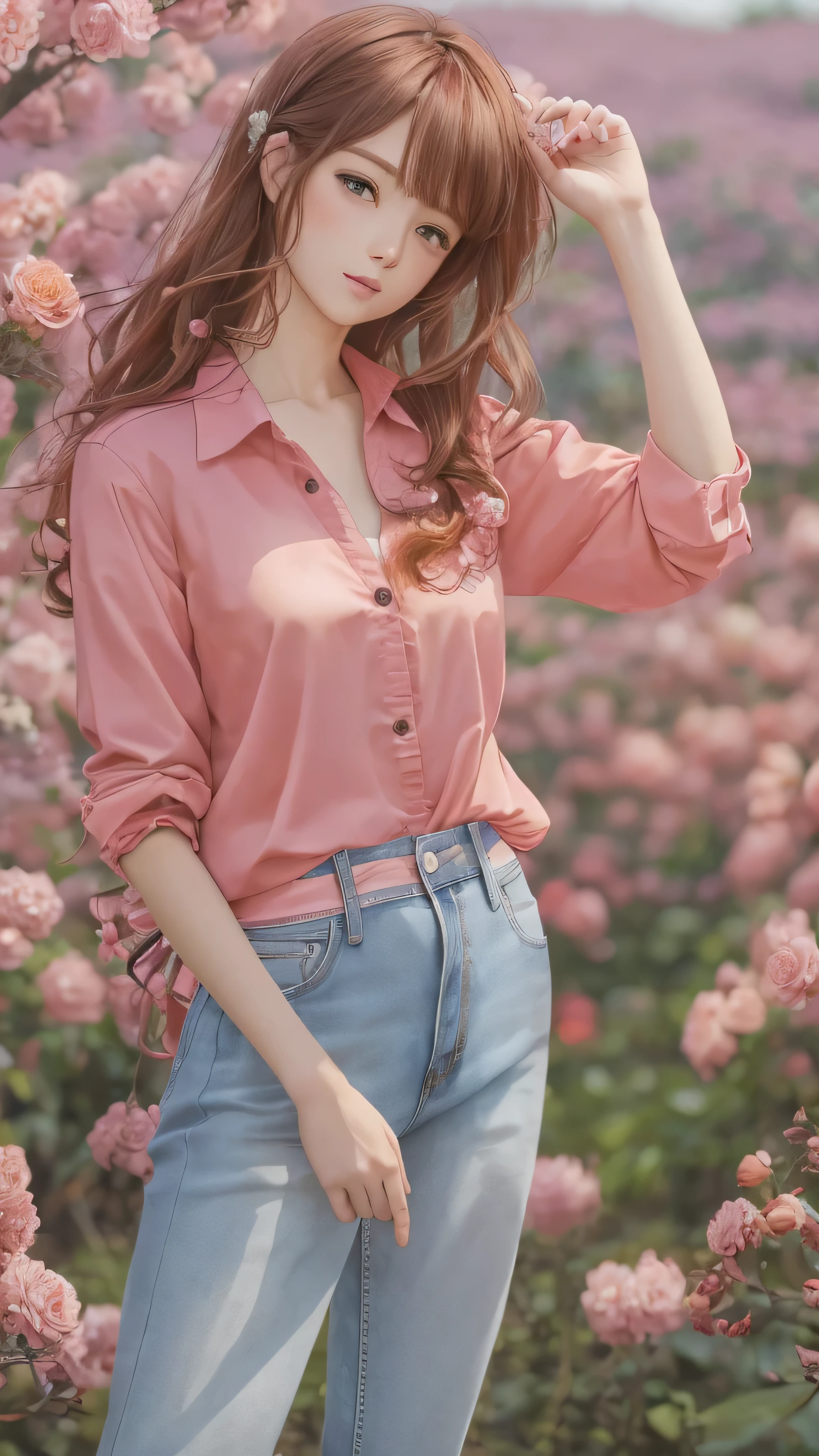  full body high definition image ， Chestnut Hair,  face details, full body high quality image 、 Embarrassment、pink shirt with denim pants style。Peach blossoms and red roses 、field