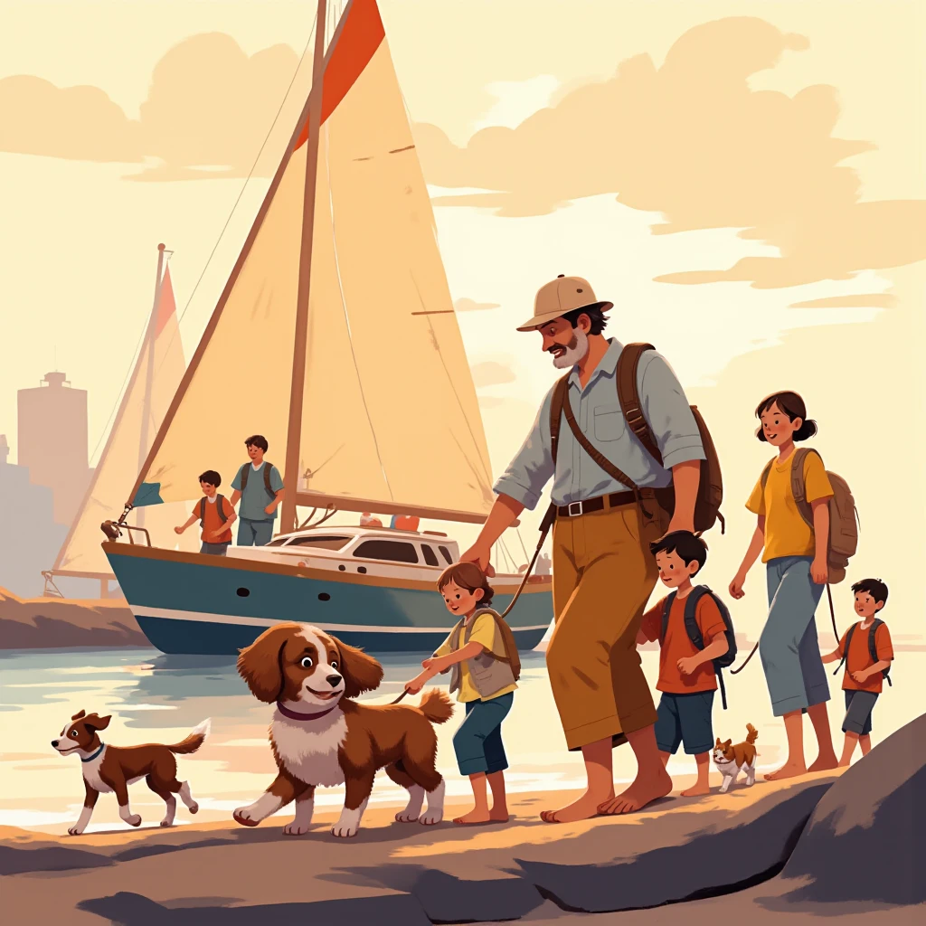  family of 8 people , an older man,  A woman , mayor, 4 young people and 2 ren ,  a brown and white poodle dog and two cats ,  they return from fishing and are in a port ,  have the fish caught ,  in the background there is a cream-colored sailboat ,  with a red stripe on the upper part of the bow, a beautiful sunset, calm sea, alta definición, s illustration  
