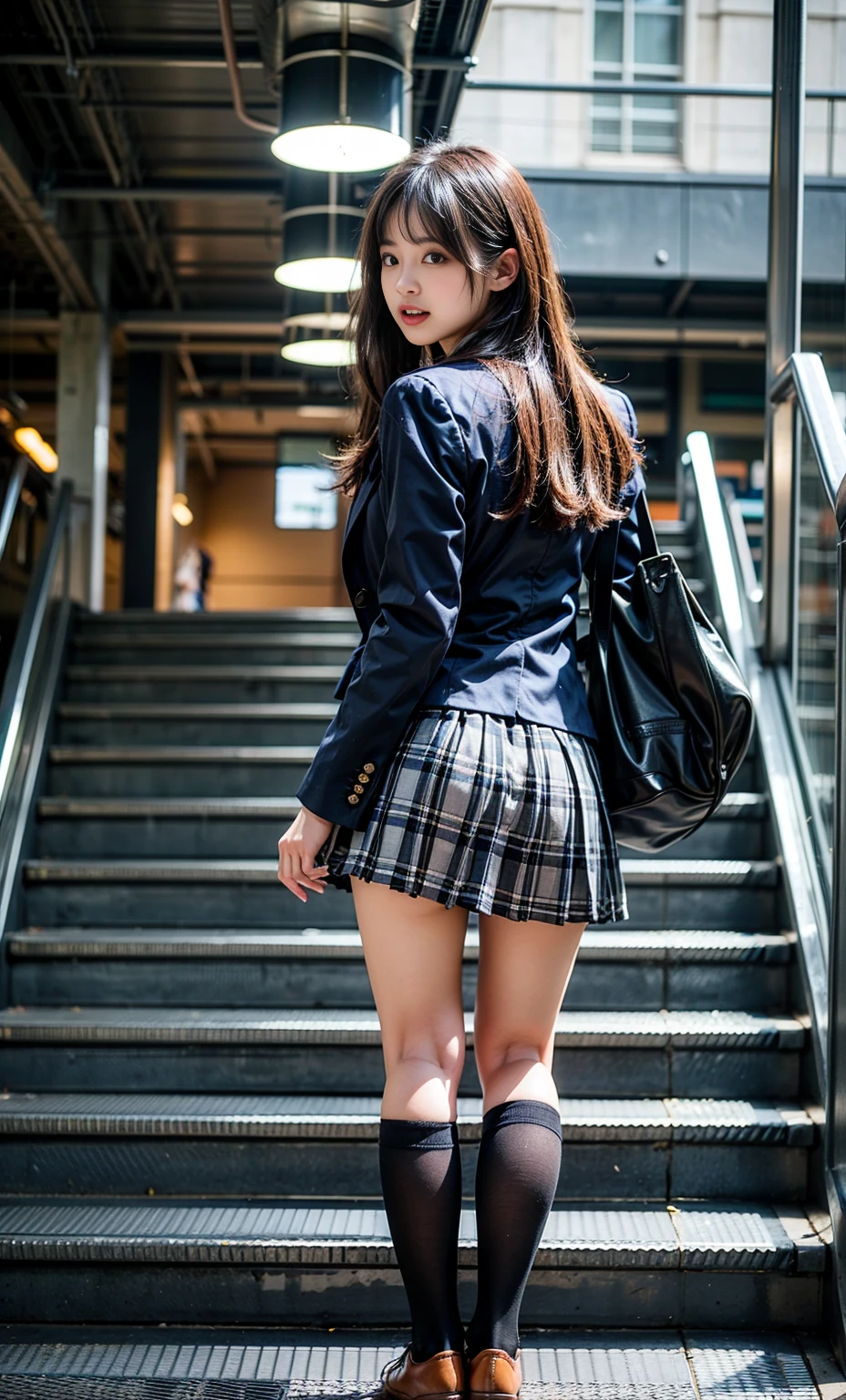 Escalator Skirt、 high school girl uniform、 blazer、  brown plaid pleated skirt 、  white panties、   dark blue knee-high socks   、 rear view 、  very low camera angle 、 back arched、  VANISHING OVER 、 punch、teeth