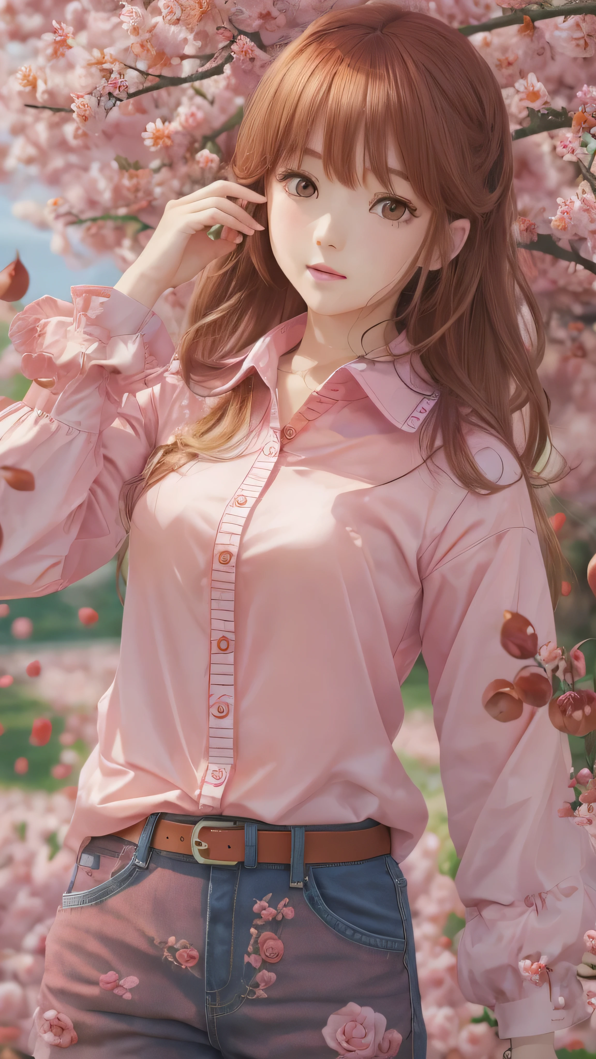  full body high definition image ， Chestnut Hair,  face details, full body high quality image 、 Embarrassment、pink shirt with denim pants style。Peach blossoms and red roses 、field