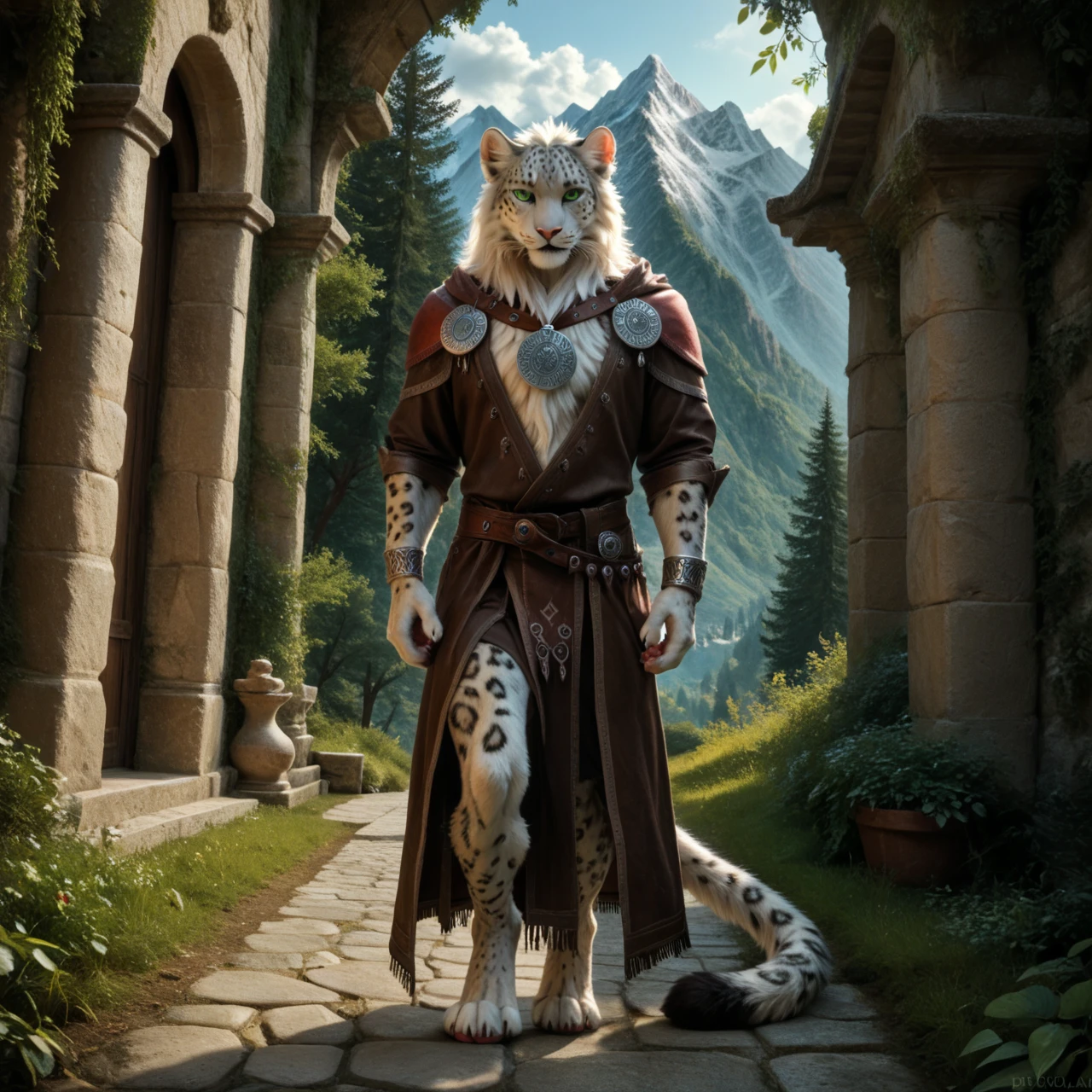 score_9, score_8_up, score_7_up, score_6_up, chapel, white leopard, male, with mane, paladin, anthro, felid, feline, standing, human-like hands, (detailed background), nature, in the high mountains, fur, solo, high quality, furred body, paws, handpaw, fluffy, silver bracelets on the legs, (detailed eyes, green eyes), slightly muscled, highly detailed, realistic fur, beautiful, photorealism, photorealistic, dslr, photo, expressive, full body, pawpads, paw pads, dutch angle, with claws, silver collar with medallion